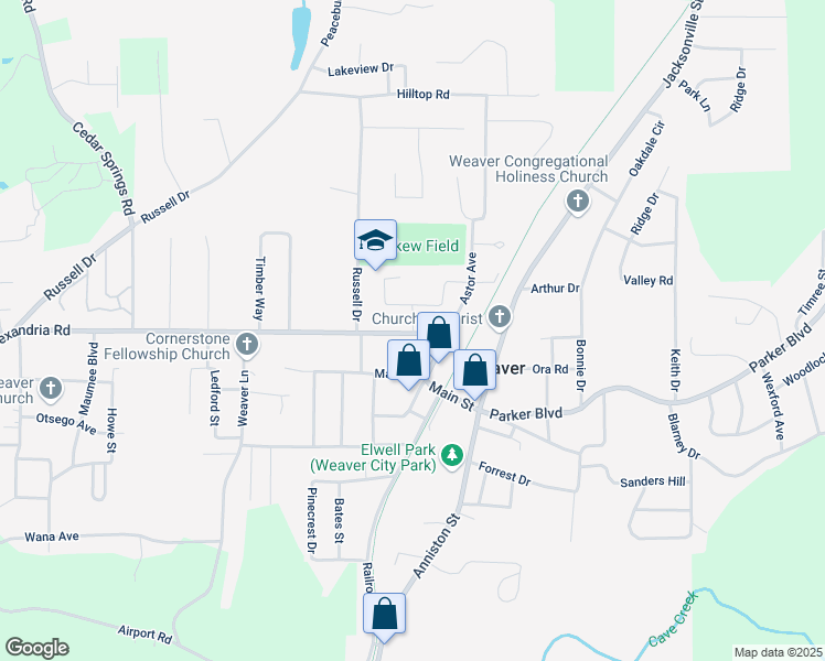 map of restaurants, bars, coffee shops, grocery stores, and more near 444 School Drive in Weaver