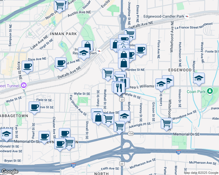 map of restaurants, bars, coffee shops, grocery stores, and more near 1103 Boulevard Drive Southeast in Atlanta