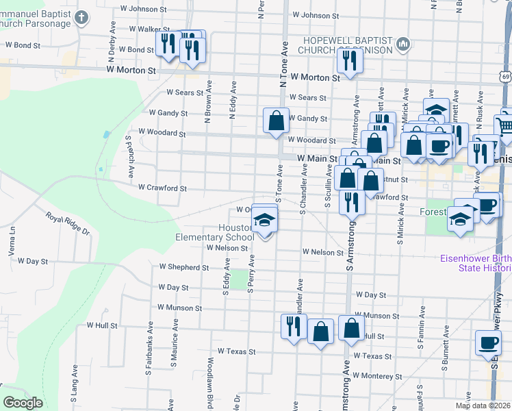 map of restaurants, bars, coffee shops, grocery stores, and more near 1120 West Owings Street in Denison