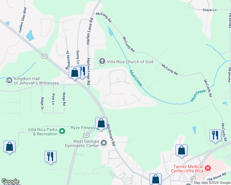 map of restaurants, bars, coffee shops, grocery stores, and more near 1016 Buckeye Lane in Villa Rica