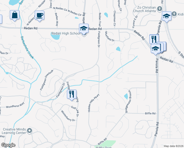 map of restaurants, bars, coffee shops, grocery stores, and more near 5166 Golfbrook Court in Stone Mountain
