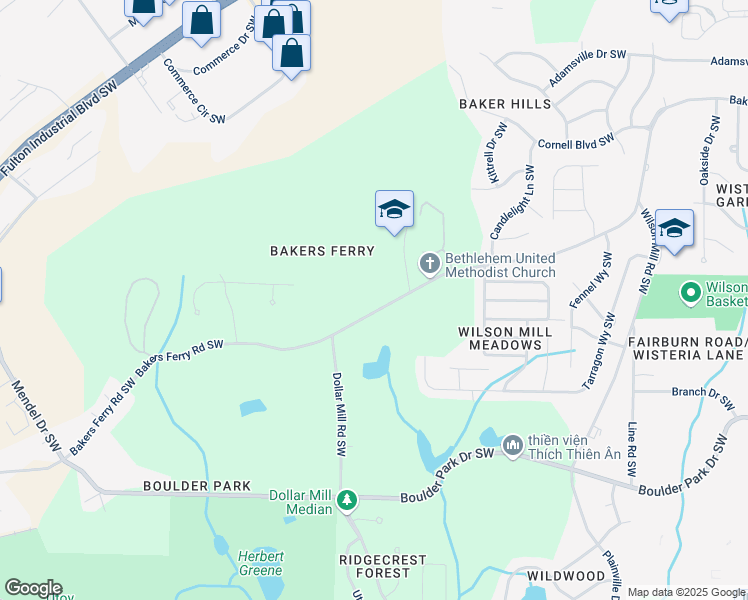 map of restaurants, bars, coffee shops, grocery stores, and more near 4261 Bakers Ferry Road Southwest in Atlanta