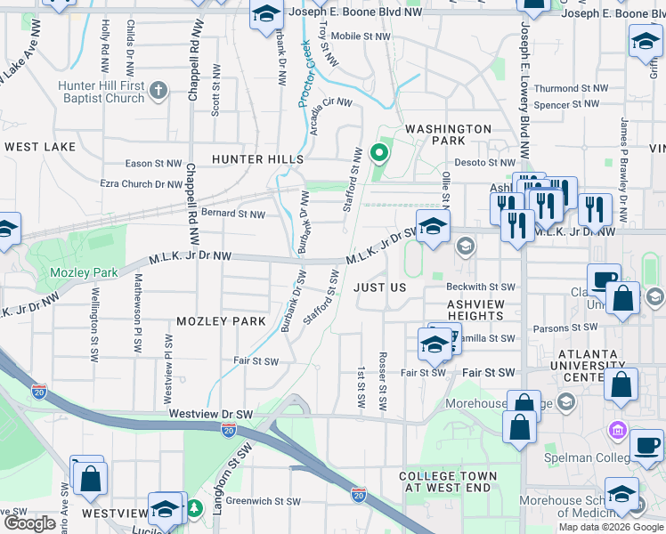 map of restaurants, bars, coffee shops, grocery stores, and more near 1226 Martin Luther King Junior Drive Northwest in Atlanta