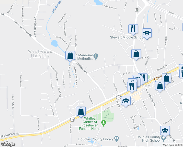 map of restaurants, bars, coffee shops, grocery stores, and more near 8363 Chicago Avenue in Douglasville
