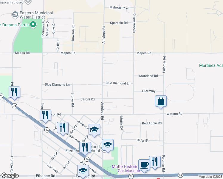 map of restaurants, bars, coffee shops, grocery stores, and more near 28040 Baroni Road in Menifee