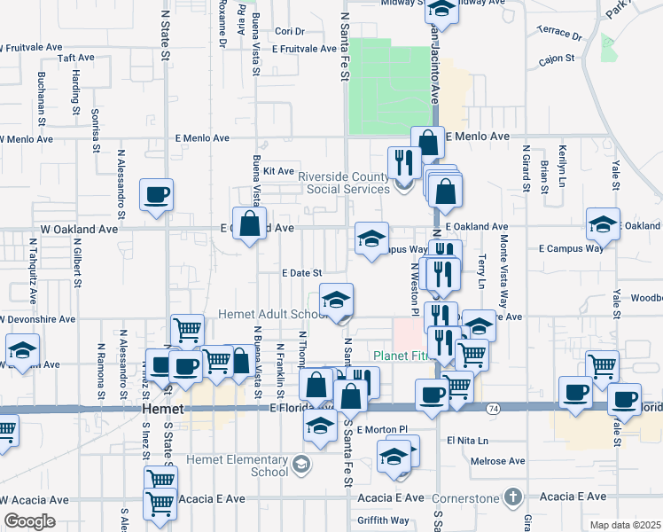 map of restaurants, bars, coffee shops, grocery stores, and more near 410 North Taylor Street in Hemet