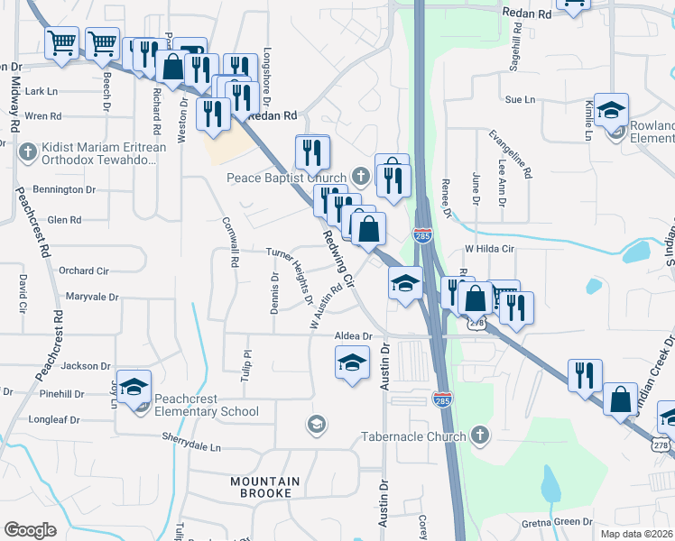 map of restaurants, bars, coffee shops, grocery stores, and more near 3723 Loren Drive in Decatur