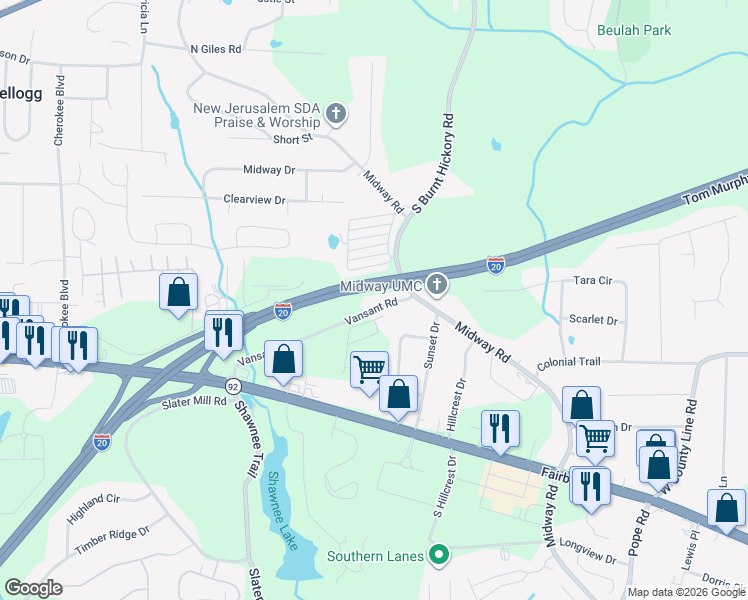 map of restaurants, bars, coffee shops, grocery stores, and more near 3974 Vansant Road in Douglasville