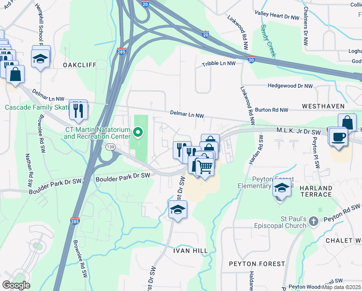 map of restaurants, bars, coffee shops, grocery stores, and more near 3021 Middleton Road Northwest in Atlanta