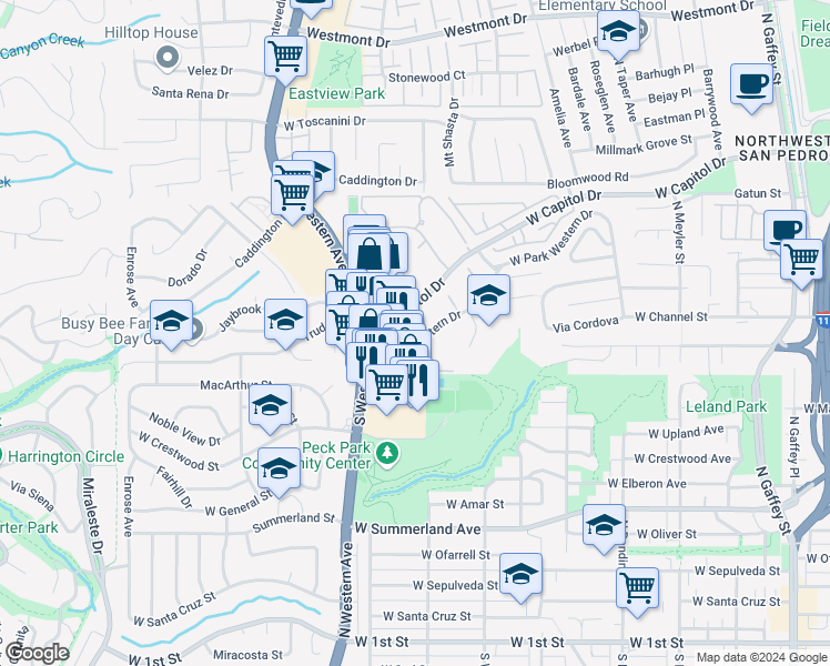 map of restaurants, bars, coffee shops, grocery stores, and more near 1322 West Park Western Drive in Los Angeles