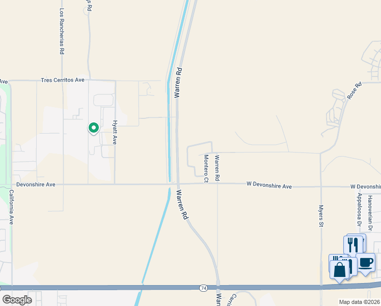 map of restaurants, bars, coffee shops, grocery stores, and more near 410 Cantata Avenue in Hemet