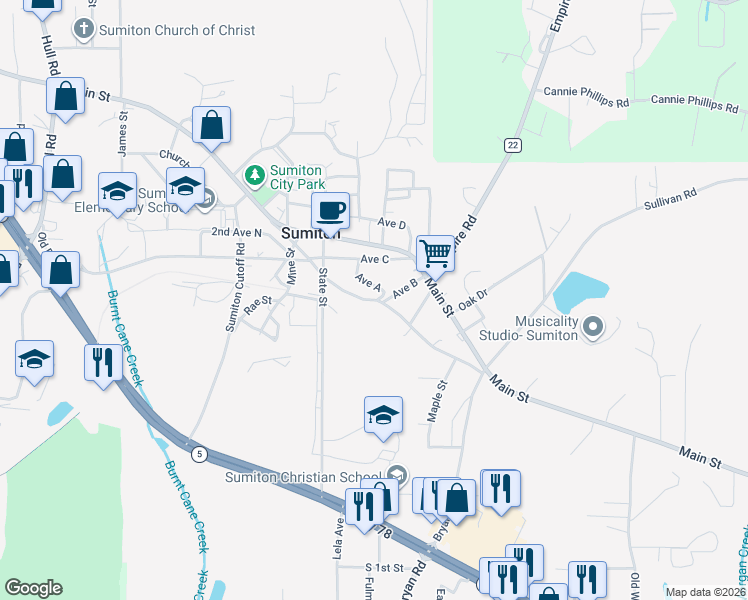 map of restaurants, bars, coffee shops, grocery stores, and more near Old Birmingham Road in Sumiton