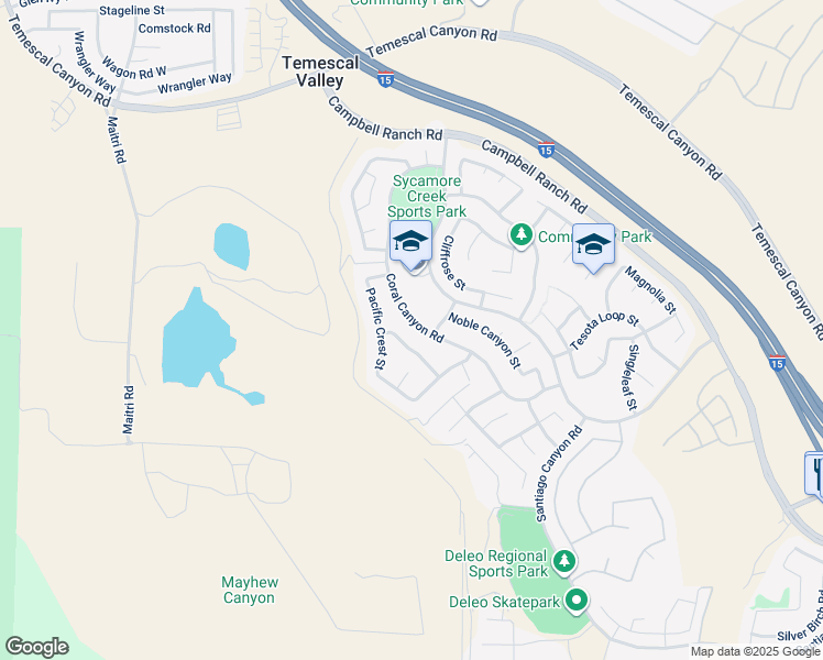 map of restaurants, bars, coffee shops, grocery stores, and more near 25155 Coral Canyon Road in Corona