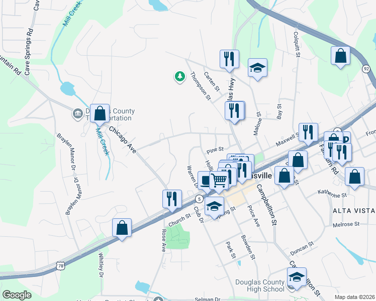 map of restaurants, bars, coffee shops, grocery stores, and more near 8335 Warren Drive in Douglasville