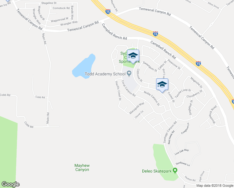 map of restaurants, bars, coffee shops, grocery stores, and more near 25157 Pacific Crest Street in Corona