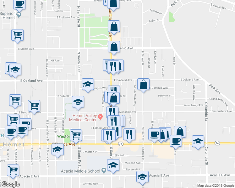 map of restaurants, bars, coffee shops, grocery stores, and more near 380 North San Jacinto Street in Hemet