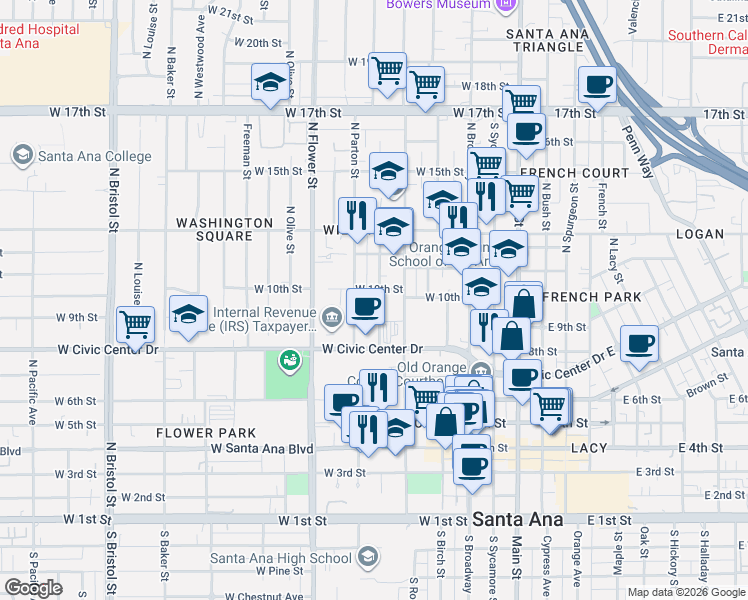 map of restaurants, bars, coffee shops, grocery stores, and more near 835 North Parton Street in Santa Ana