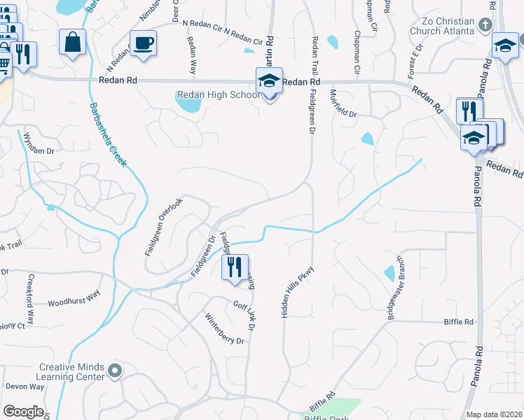 map of restaurants, bars, coffee shops, grocery stores, and more near 5136 Golfbrook Court in Stone Mountain