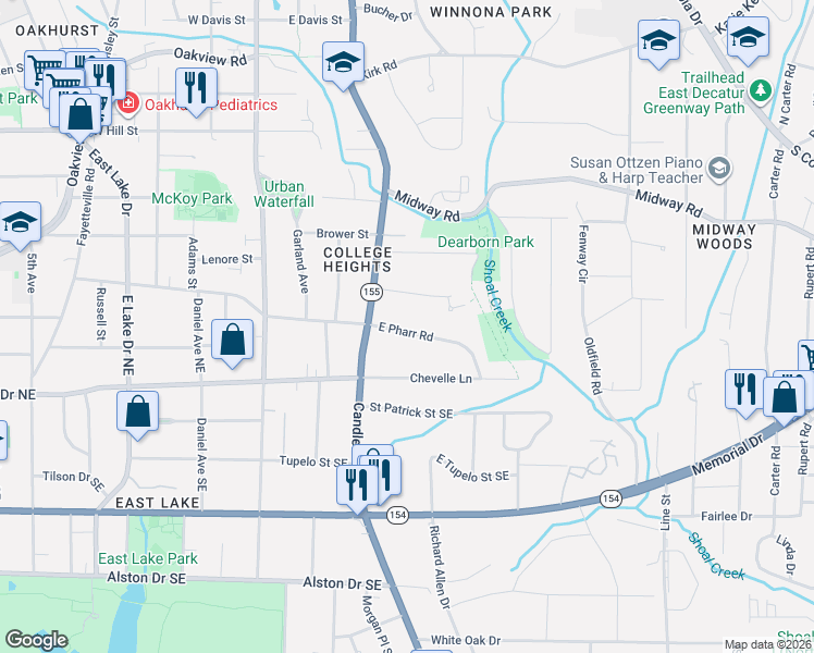 map of restaurants, bars, coffee shops, grocery stores, and more near 2929 Pharr Road East in Decatur
