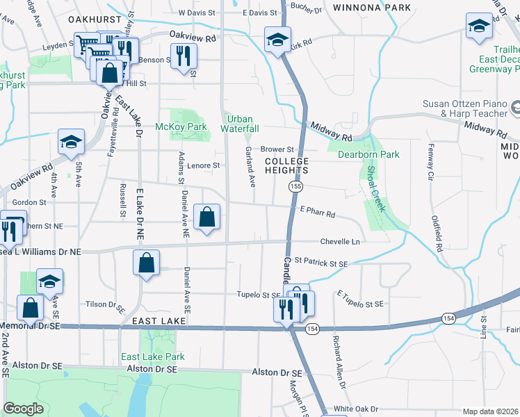 map of restaurants, bars, coffee shops, grocery stores, and more near Pharr Road Northeast in Atlanta