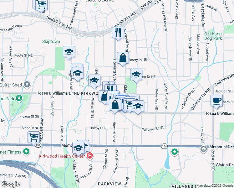 map of restaurants, bars, coffee shops, grocery stores, and more near 57 Howard Street Northeast in Atlanta
