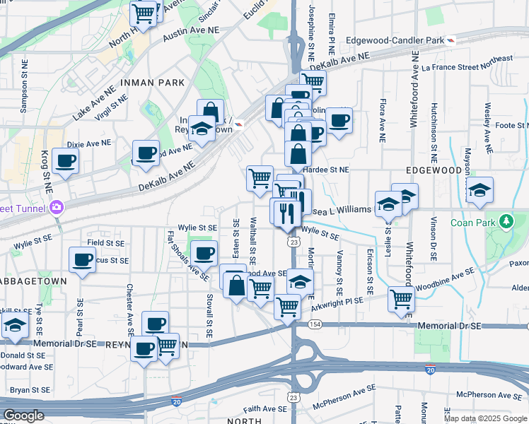 map of restaurants, bars, coffee shops, grocery stores, and more near 1103 Boulevard Drive Southeast in Atlanta