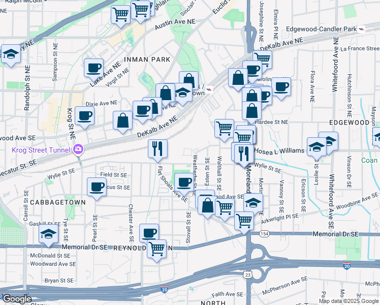map of restaurants, bars, coffee shops, grocery stores, and more near 60 Moda Lane in Atlanta