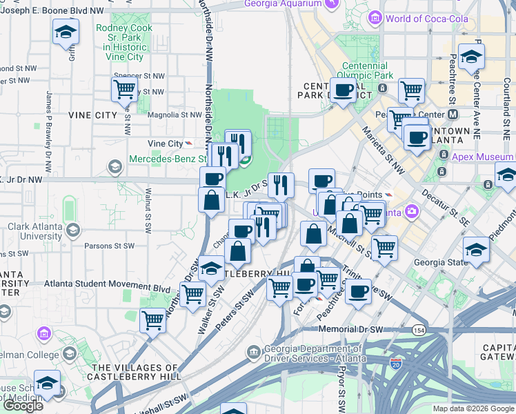 map of restaurants, bars, coffee shops, grocery stores, and more near 89 Centennial Olympic Park Drive Northwest in Atlanta