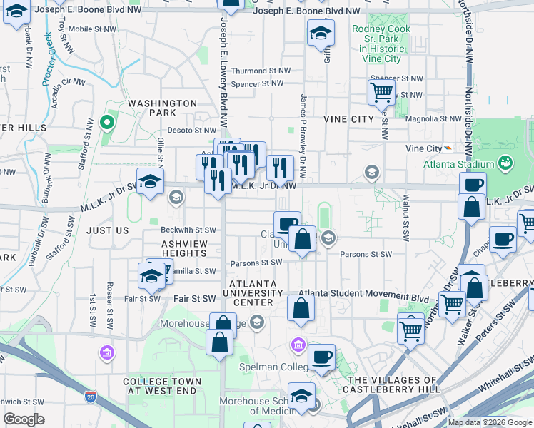 map of restaurants, bars, coffee shops, grocery stores, and more near 851 Drummond Street Southwest in Atlanta