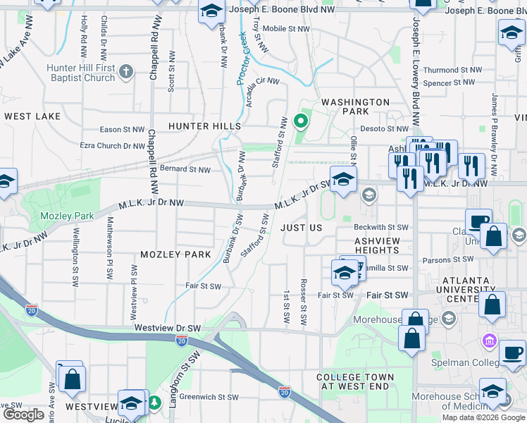 map of restaurants, bars, coffee shops, grocery stores, and more near 1226 Martin Luther King Junior Drive Northwest in Atlanta