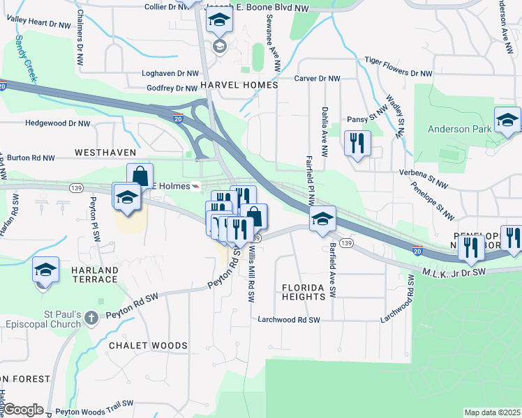 map of restaurants, bars, coffee shops, grocery stores, and more near 35 Hamilton E Holmes Drive Northwest in Atlanta