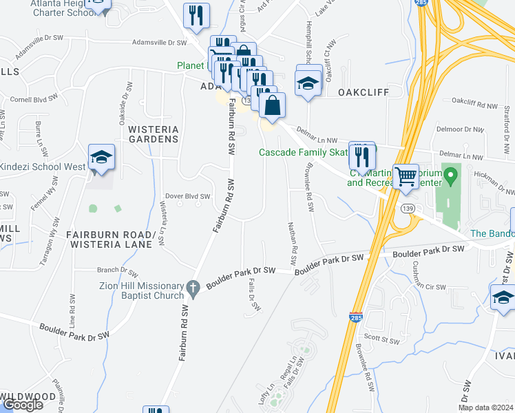 map of restaurants, bars, coffee shops, grocery stores, and more near 197 Howell Drive Southwest in Atlanta