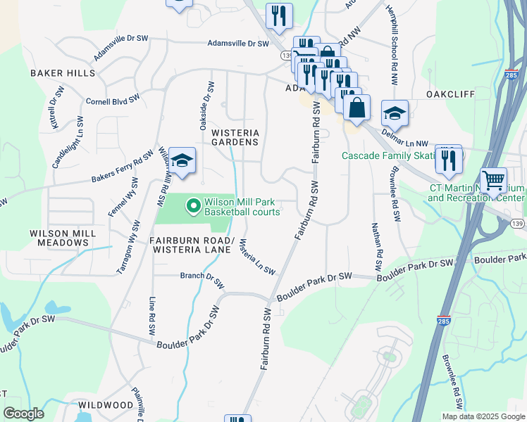 map of restaurants, bars, coffee shops, grocery stores, and more near 3789 Brook Way Southwest in Atlanta