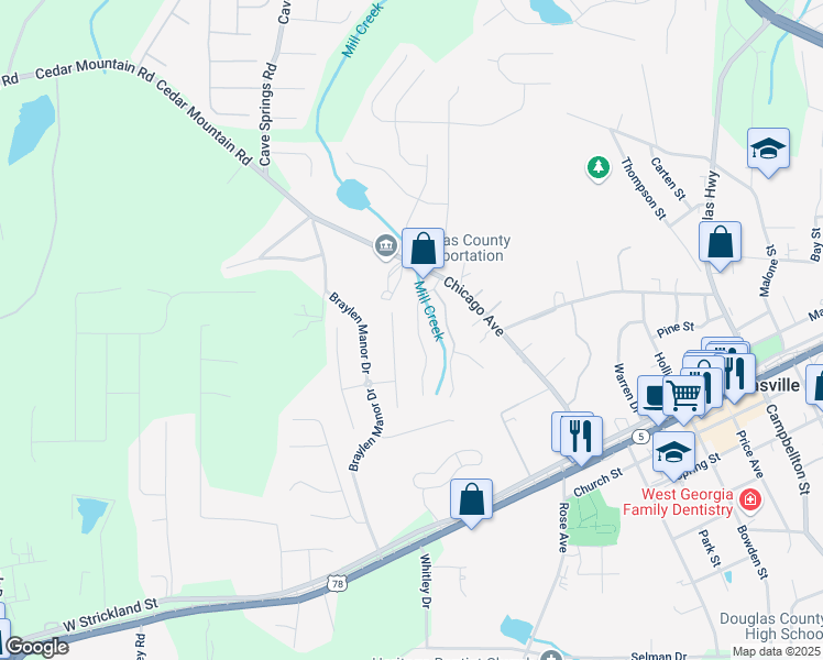 map of restaurants, bars, coffee shops, grocery stores, and more near 7125 Crystal Creek Place in Douglasville