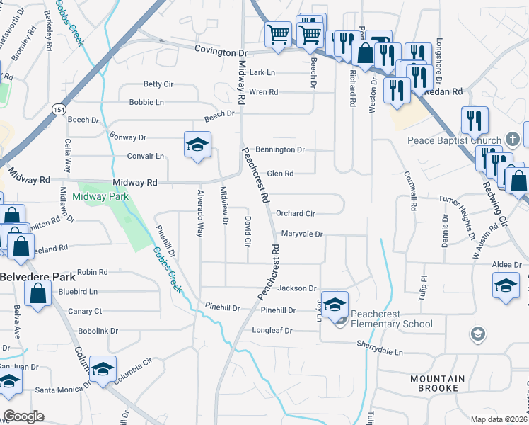 map of restaurants, bars, coffee shops, grocery stores, and more near 1369 Peachcrest Road in Decatur