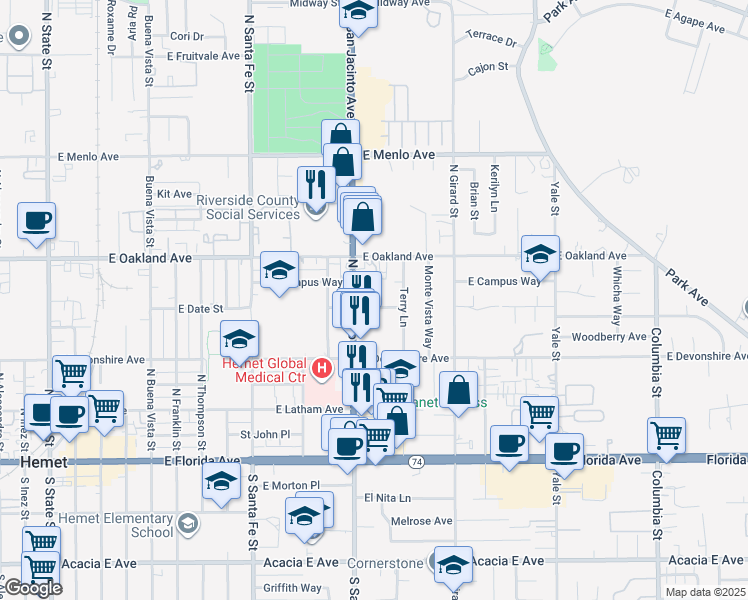map of restaurants, bars, coffee shops, grocery stores, and more near 1376 East Date Street in Hemet