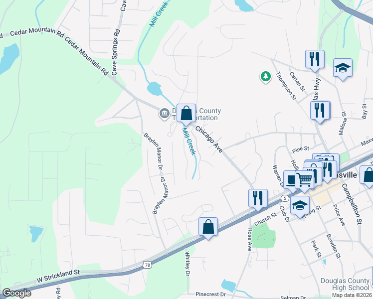 map of restaurants, bars, coffee shops, grocery stores, and more near 7130 Crystal Creek Place in Douglasville