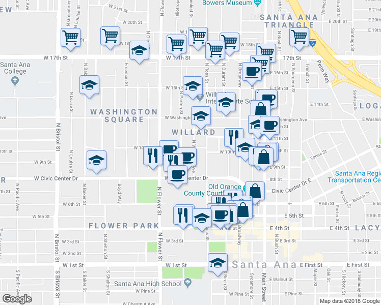 map of restaurants, bars, coffee shops, grocery stores, and more near 846 North Van Ness Avenue in Santa Ana