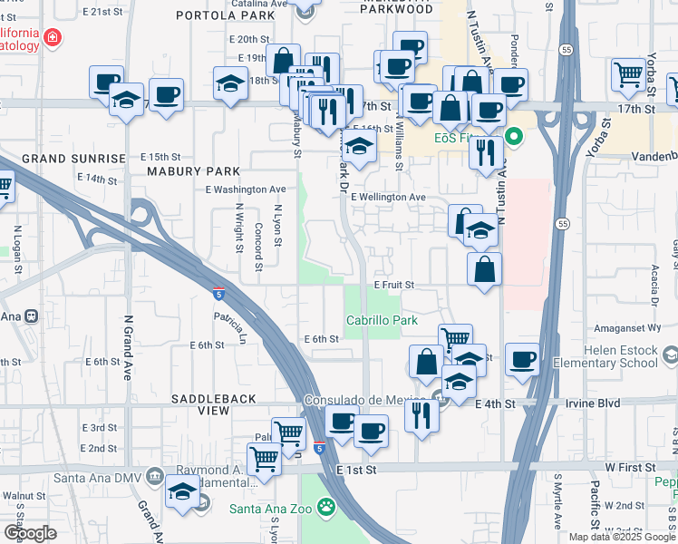 map of restaurants, bars, coffee shops, grocery stores, and more near 1030 Cabrillo Park Drive in Santa Ana