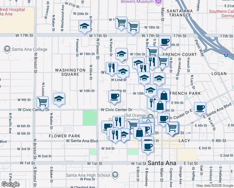 map of restaurants, bars, coffee shops, grocery stores, and more near in Santa Ana