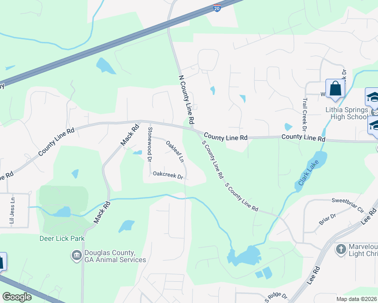 map of restaurants, bars, coffee shops, grocery stores, and more near 1970 Oak Leaf Lane in Lithia Springs