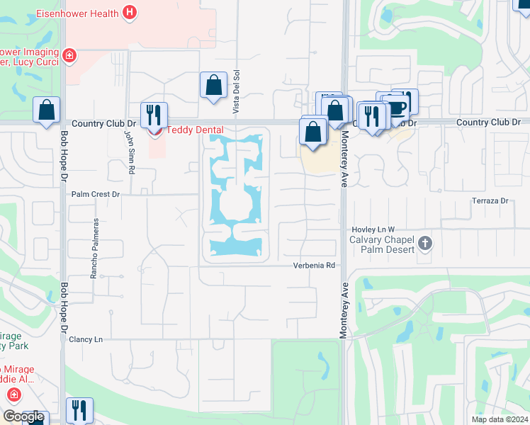 map of restaurants, bars, coffee shops, grocery stores, and more near 14 Calle La Reina in Rancho Mirage