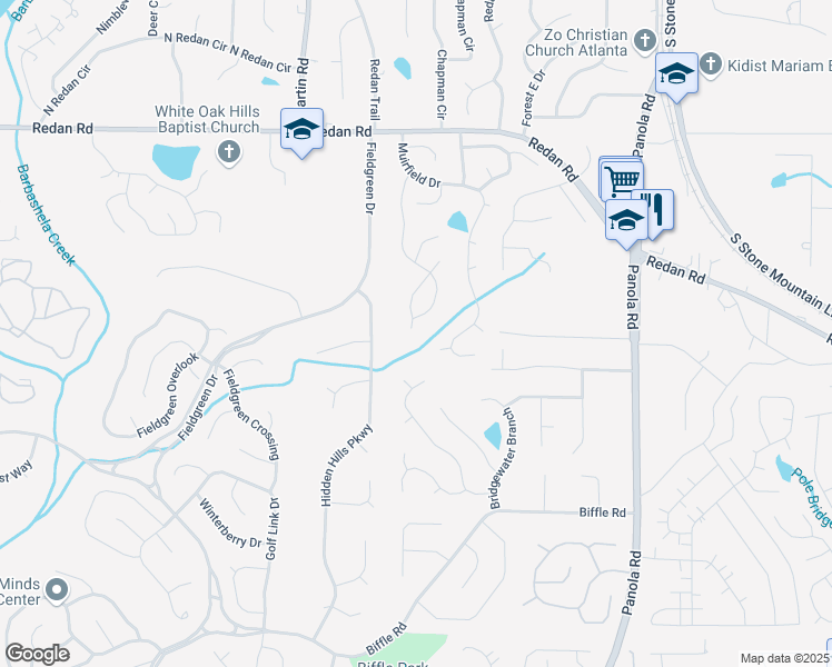 map of restaurants, bars, coffee shops, grocery stores, and more near 1356 Muirforest Way in Stone Mountain