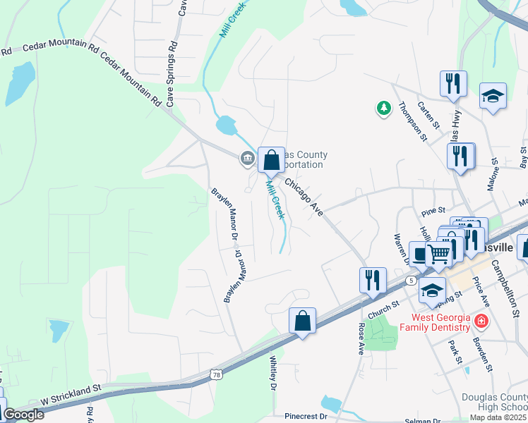 map of restaurants, bars, coffee shops, grocery stores, and more near 7125 Crystal Creek Place in Douglasville