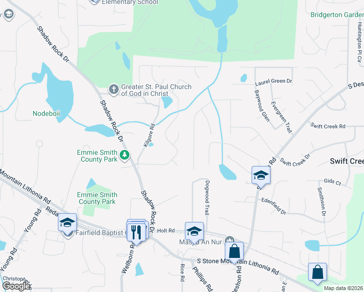 map of restaurants, bars, coffee shops, grocery stores, and more near 5989 Valley Green Road in Lithonia