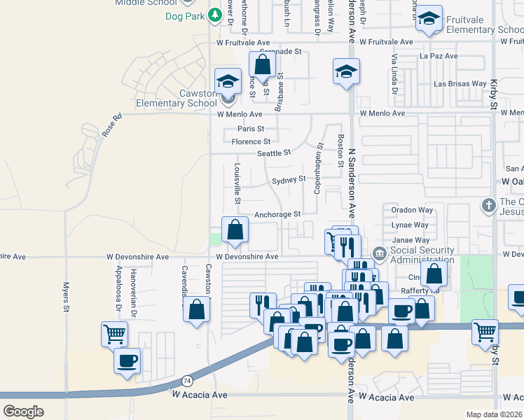 map of restaurants, bars, coffee shops, grocery stores, and more near 3790 Anchorage Street in Hemet
