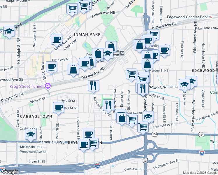 map of restaurants, bars, coffee shops, grocery stores, and more near 60 Moda Lane in Atlanta
