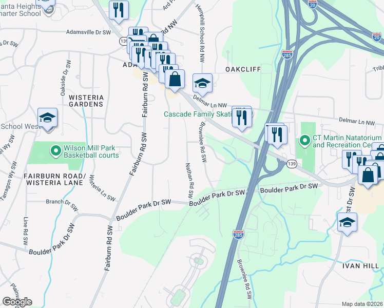 map of restaurants, bars, coffee shops, grocery stores, and more near 137 Brownlee Road Southwest in Atlanta