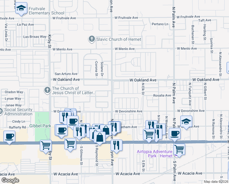 map of restaurants, bars, coffee shops, grocery stores, and more near 436 Tierra Baja Way in Hemet