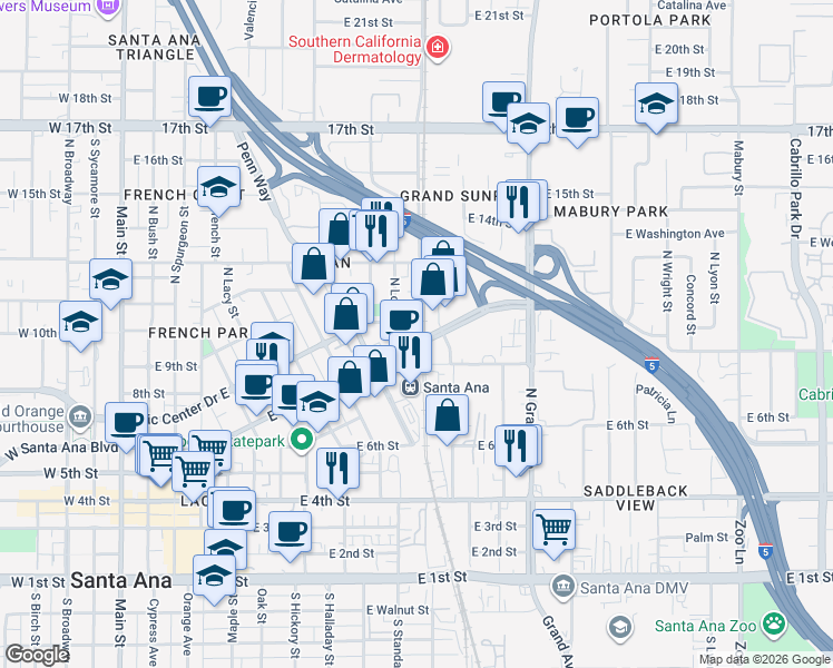 map of restaurants, bars, coffee shops, grocery stores, and more near 920 Lincoln Avenue in Santa Ana